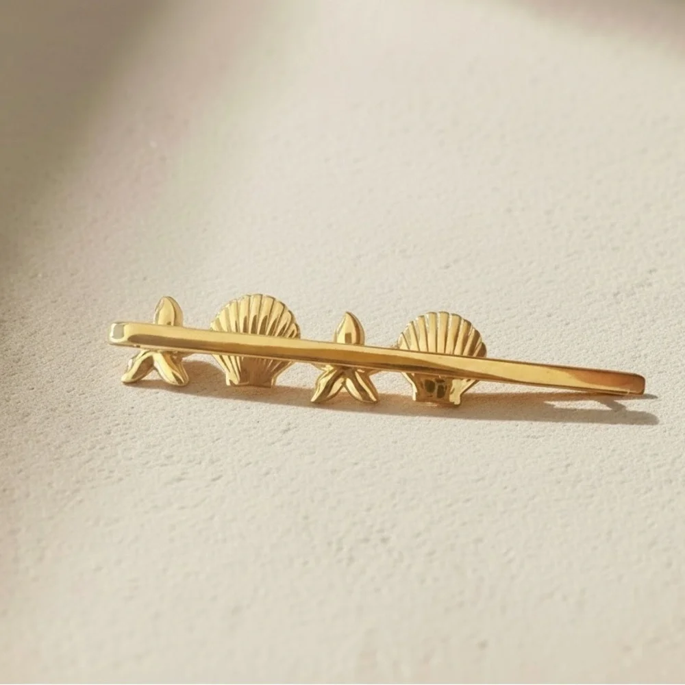 18K Gold Plated Stainless Steel Shell Starfish Barrette Coastal Beach Bobby Pin